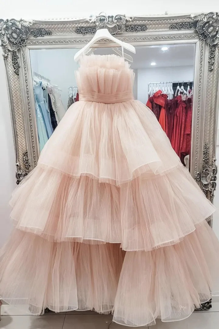 A-Line Pink Tulle Long Prom Dress With Ruffles, Evening Dress CMS211106