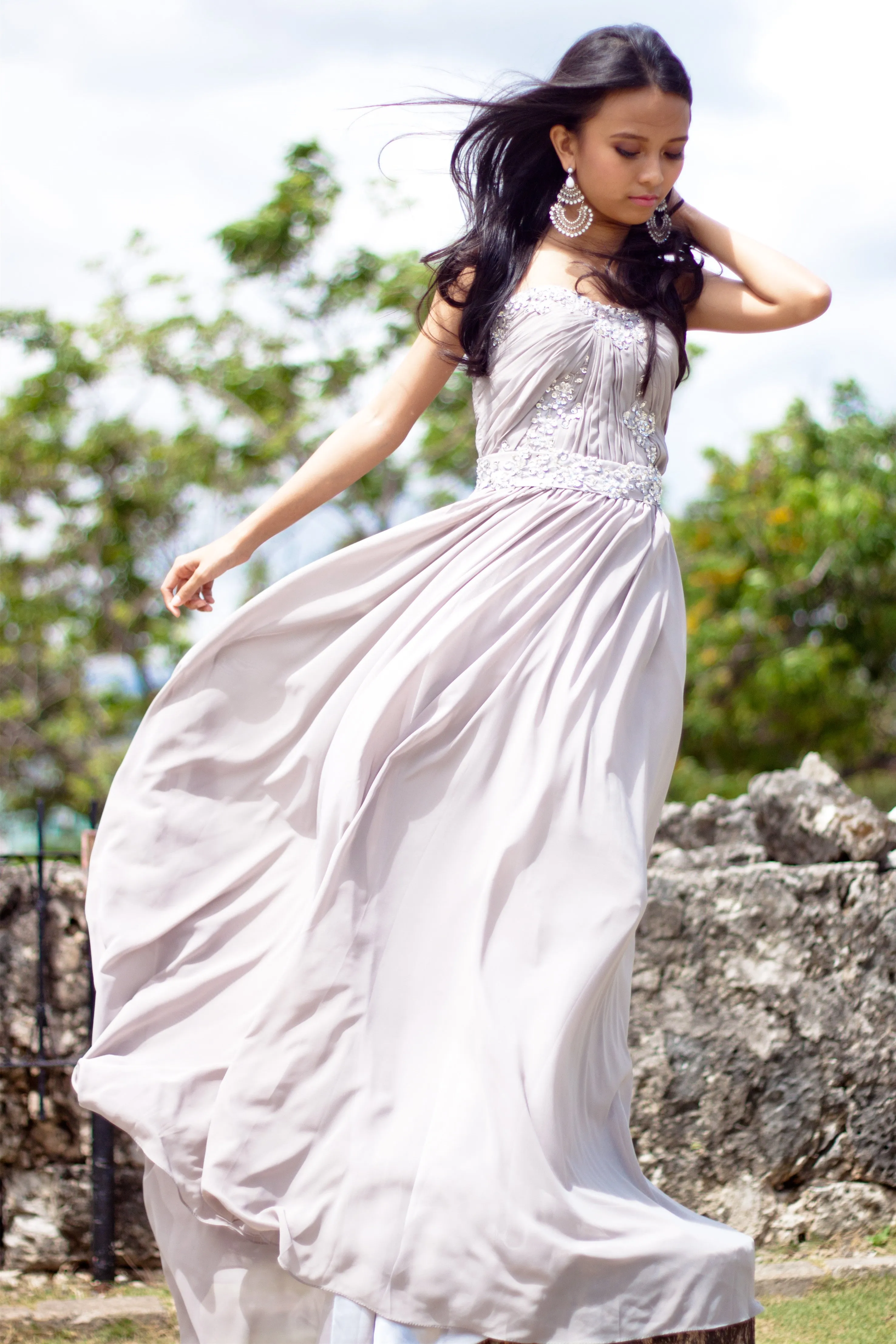 A-line Strapless Floor Length Chiffon Beaded Applique Evening Dress