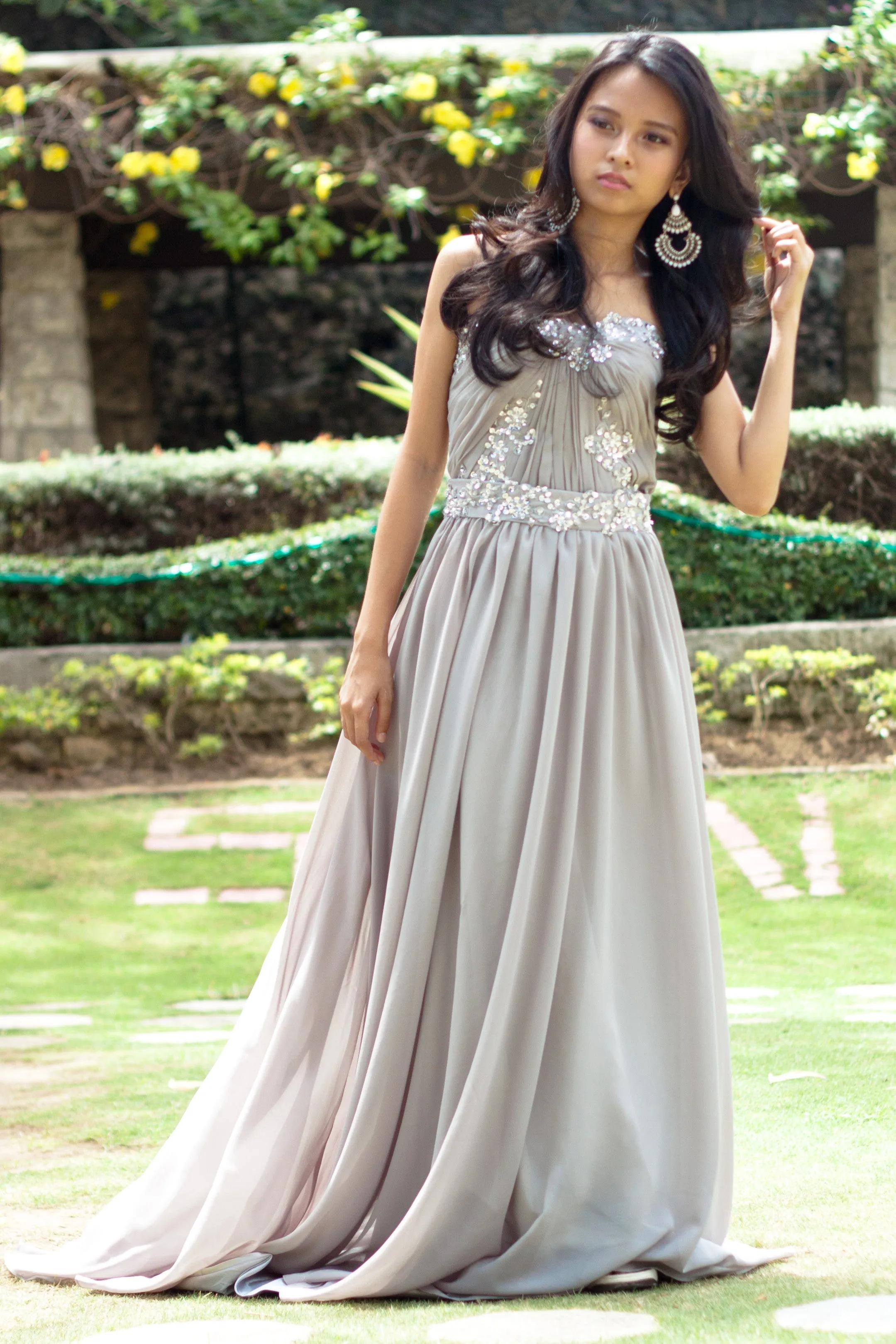 A-line Strapless Floor Length Chiffon Beaded Applique Evening Dress