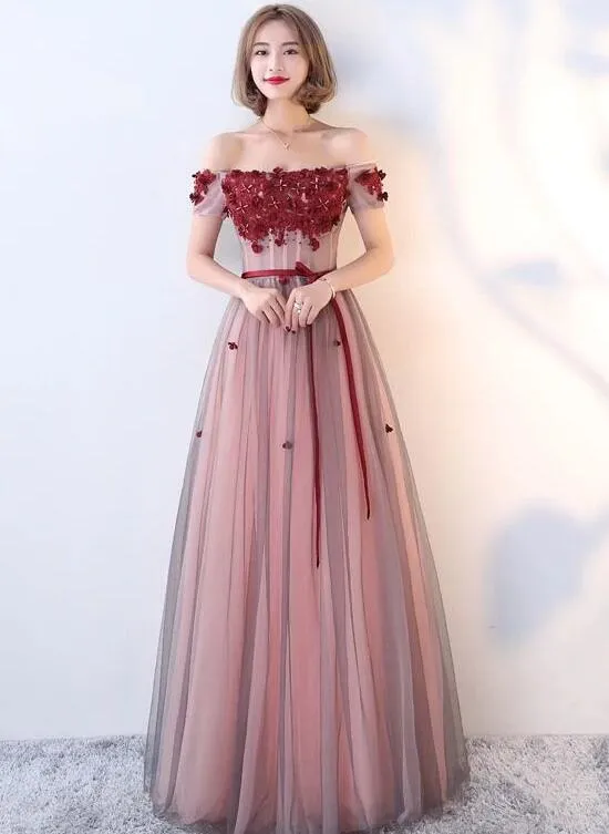 Beautiful Red Off Shoulder Tulle with Applique Long Party Dress, Senior Prom Gown