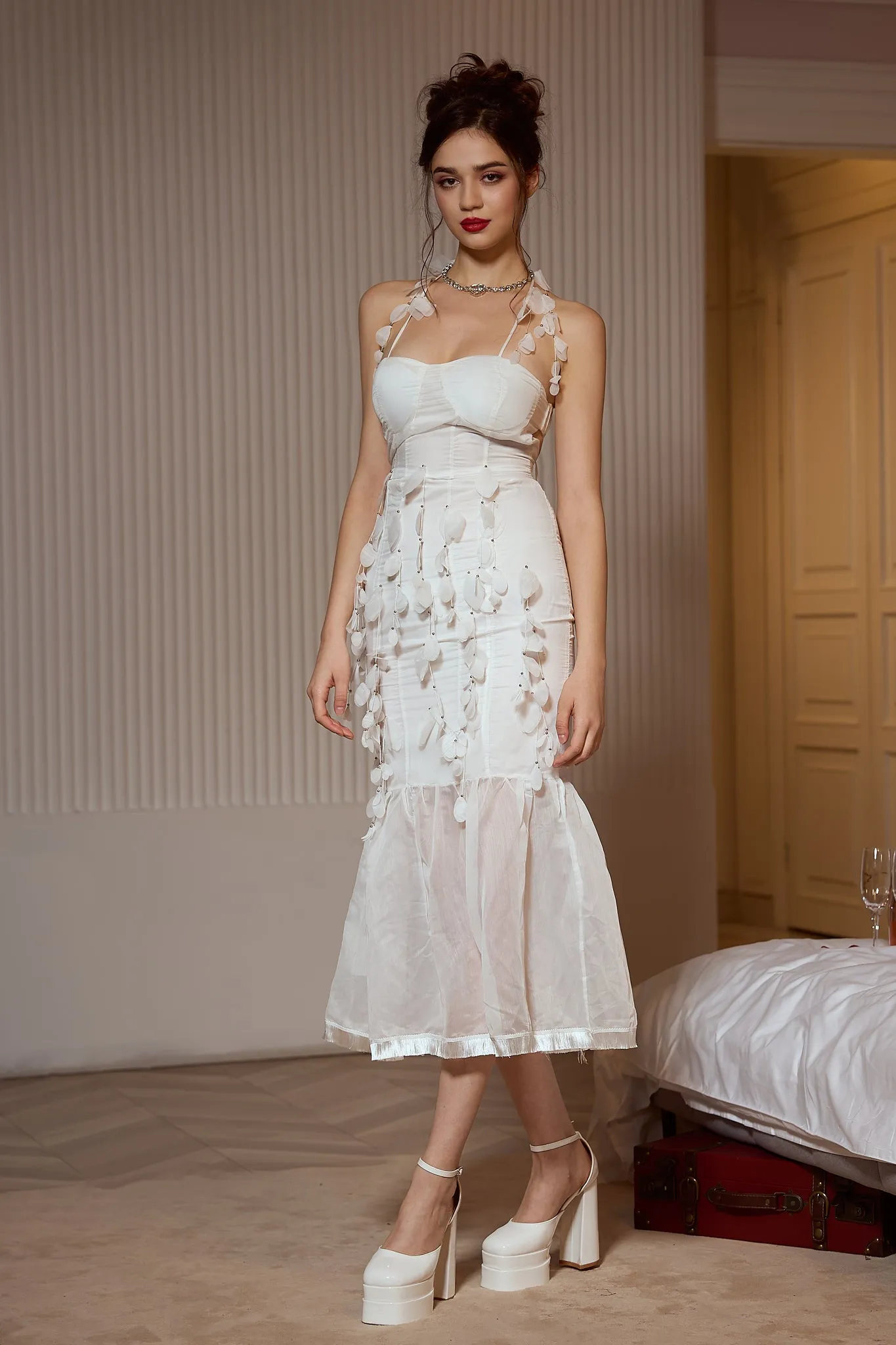 Cassie White Flower Mesh Midi Dress
