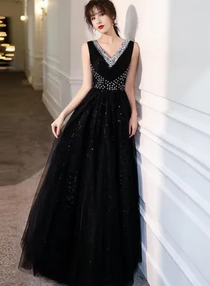 Charming Black Sequins and Beaded V-neckline Long Party Dress, Black Formal Dress
