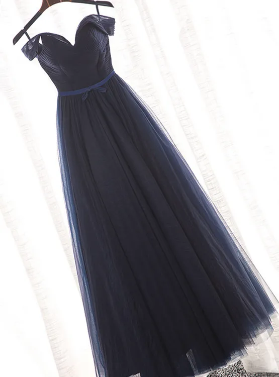 Charming Off Shoulder Navy Blue Long Bridesmaid Dress, A-line Prom Dress