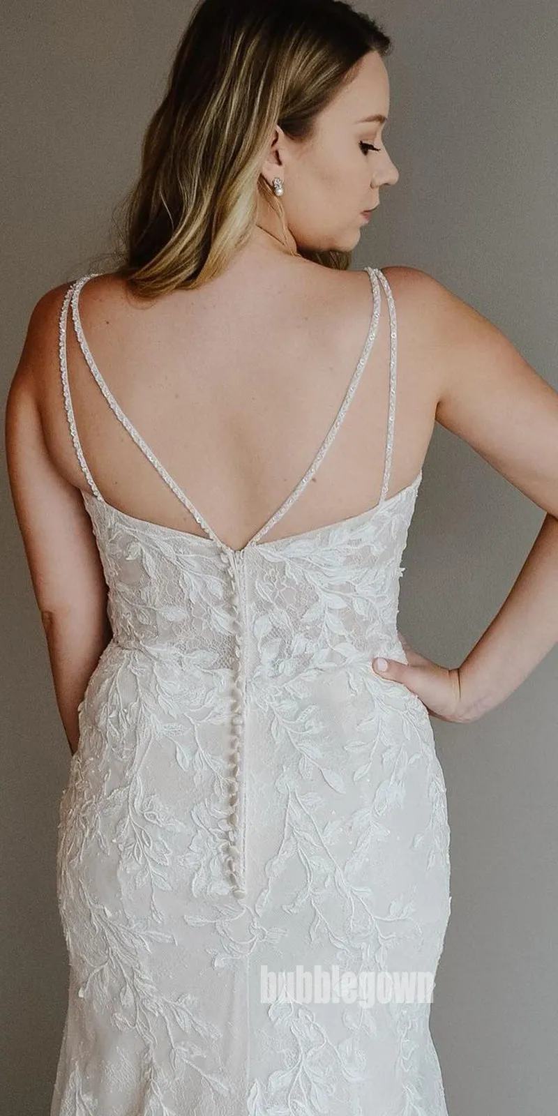Charming Spaghetti Strap Applique Lace Wedding Dresses, BGH081