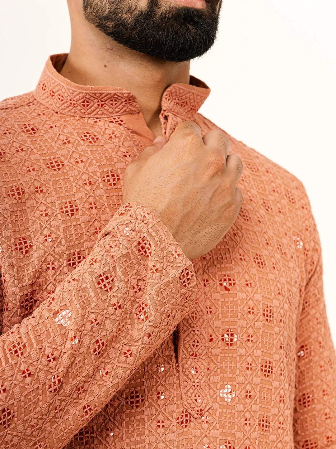 Dark Peach Designer Cotton Embroidered kurta for Men