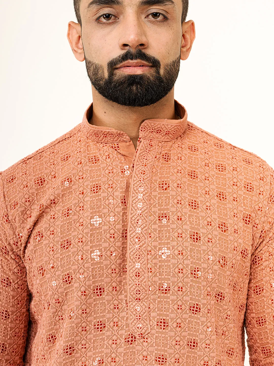 Dark Peach Designer Cotton Embroidered kurta for Men