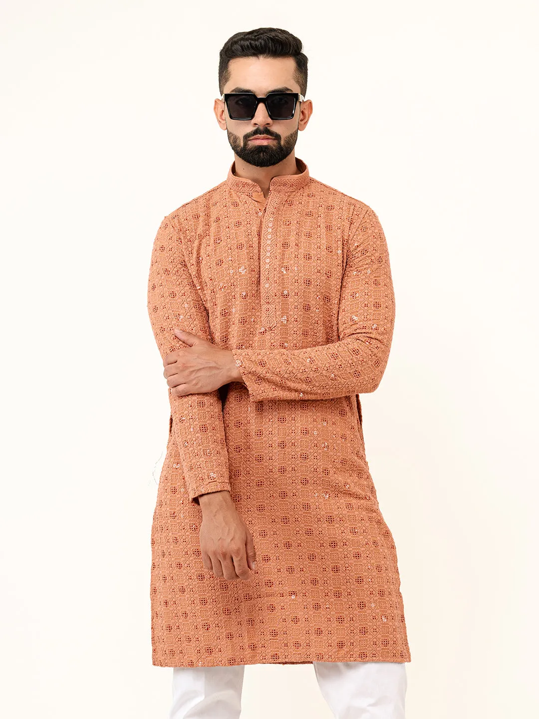Dark Peach Designer Cotton Embroidered kurta for Men