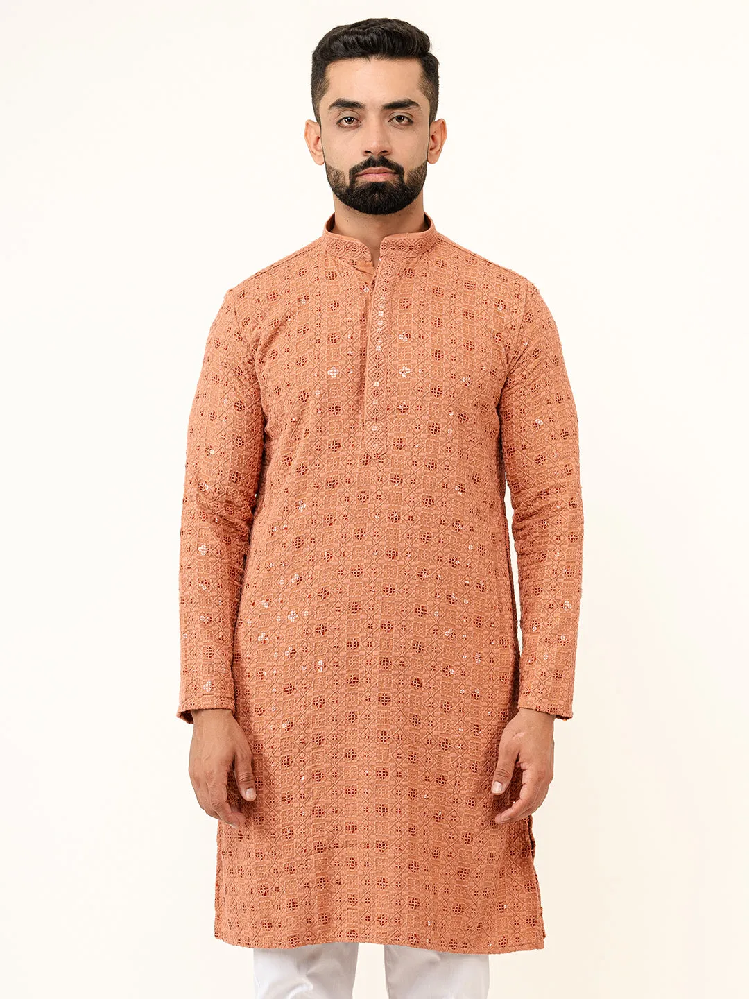 Dark Peach Designer Cotton Embroidered kurta for Men