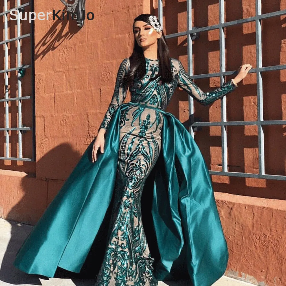 detachable skirt evening dresses 2020 sequin appliqué green elegant long sleeve evening gown formal dress