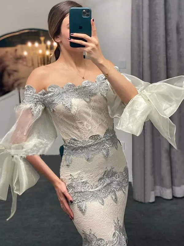 Elegant Luxury Gray And Ivory Off-shoulder Full Lace Mermaid Long Prom Dress, PD3400