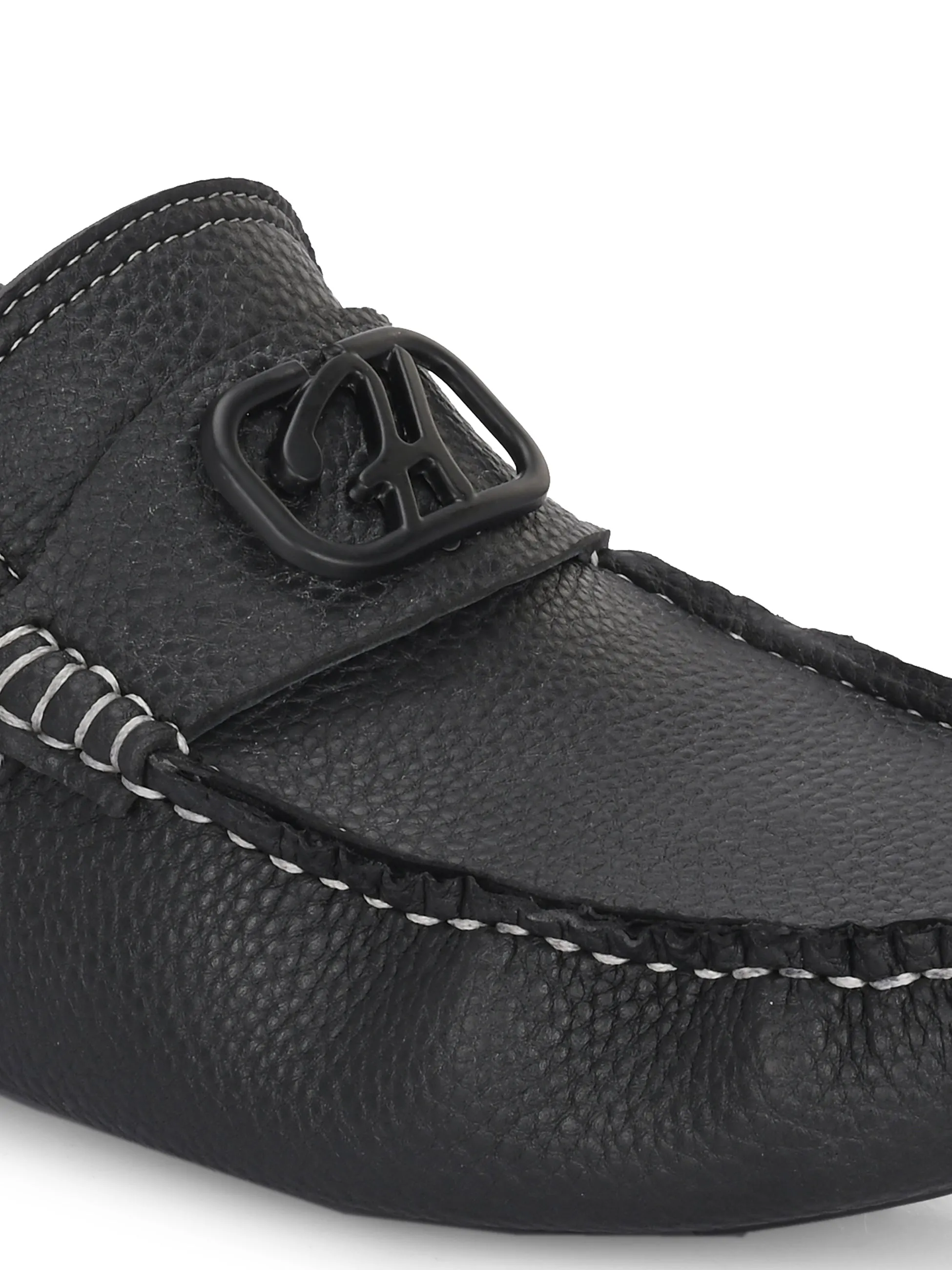 Hitz Men's Black Leather Casual Loafers