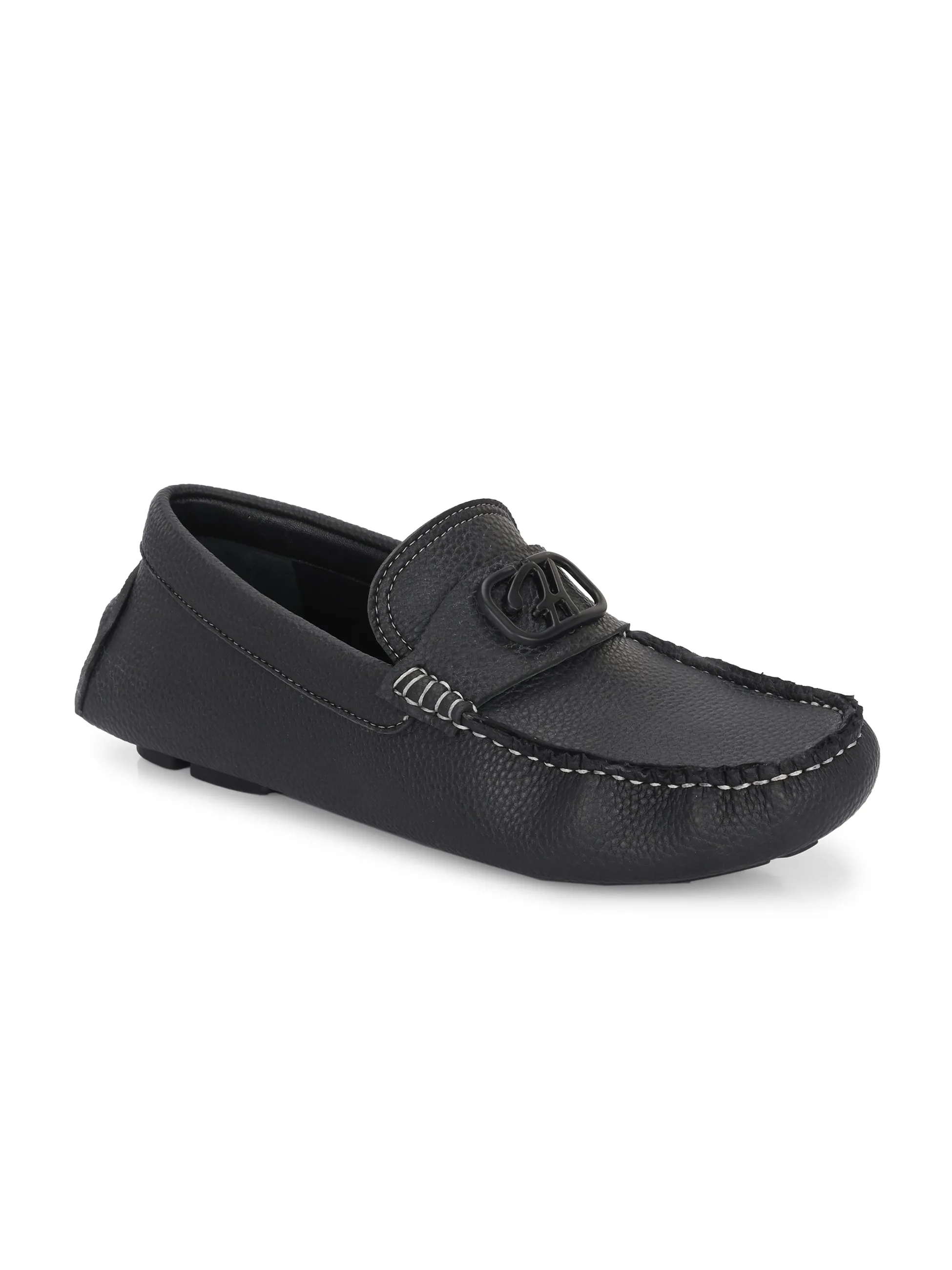 Hitz Men's Black Leather Casual Loafers