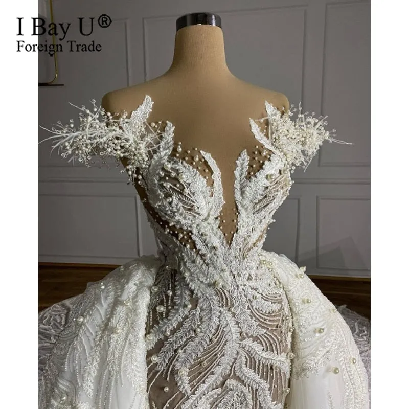 Luxury Pearl Beading Elegant Lace Wedding Dress Plus Size See Through Back Lace Mermaid Wedding Dresses With Detachable Train