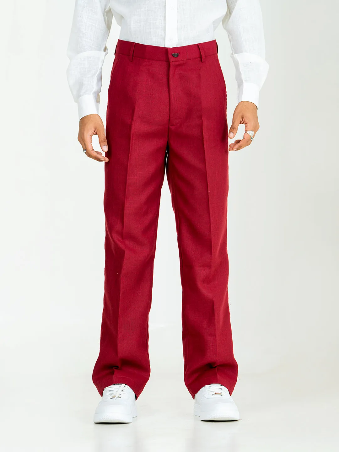 Maroon Linen Blend Pleated Pants