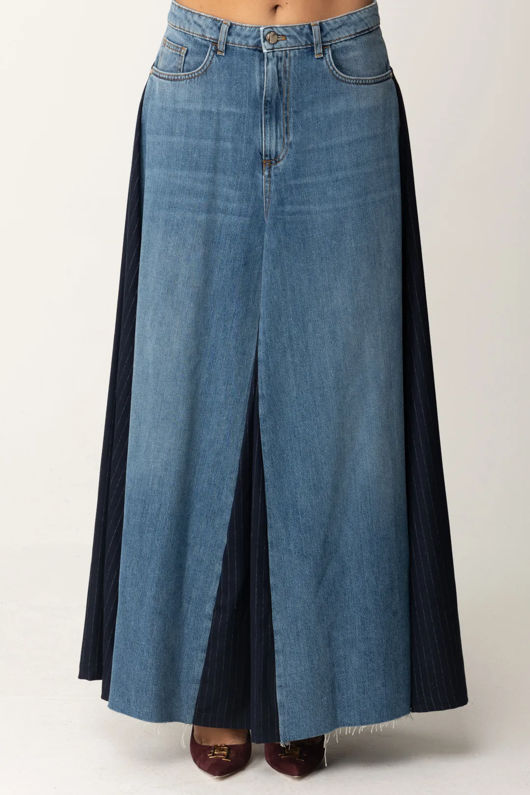 Maxi Gonna In Jeans con Pannelli a Contrasto