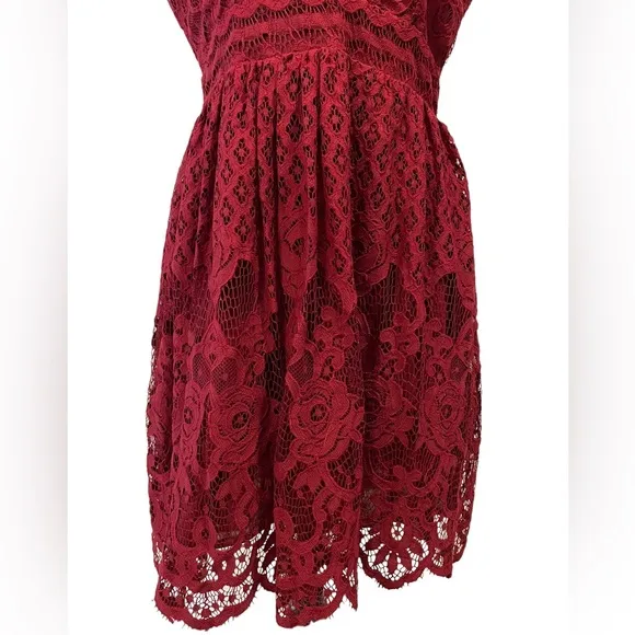 NEW Black Swan Lulus Brandi Wine Red Lace Surplice Skater Dress