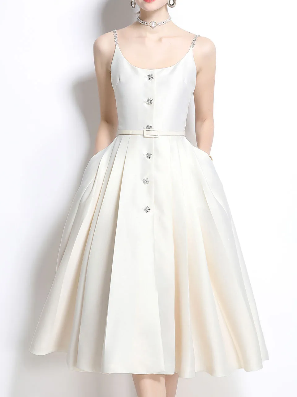 Pink Luxury Diamond Strap Satin Prom Dress With Pockets