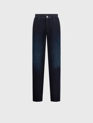 "Lion Embroidery" Tailored Denim Cotton Trousers - Blue Navy