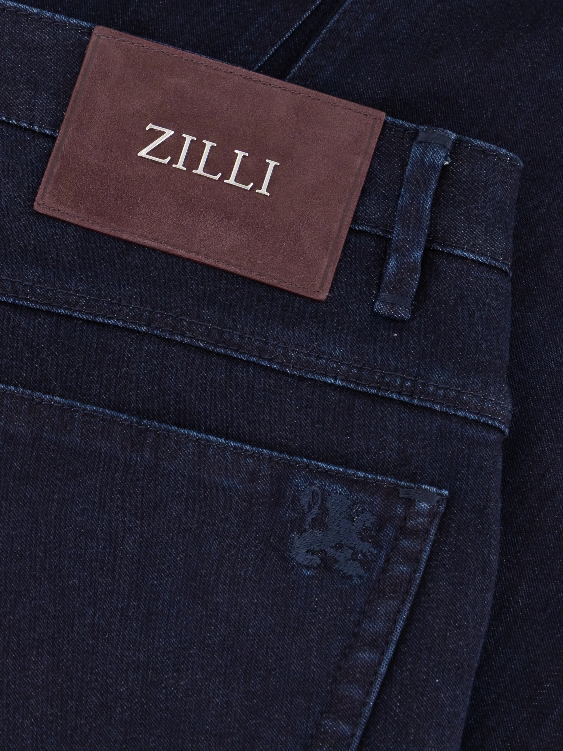 "Lion Embroidery" Tailored Denim Cotton Trousers - Blue Navy