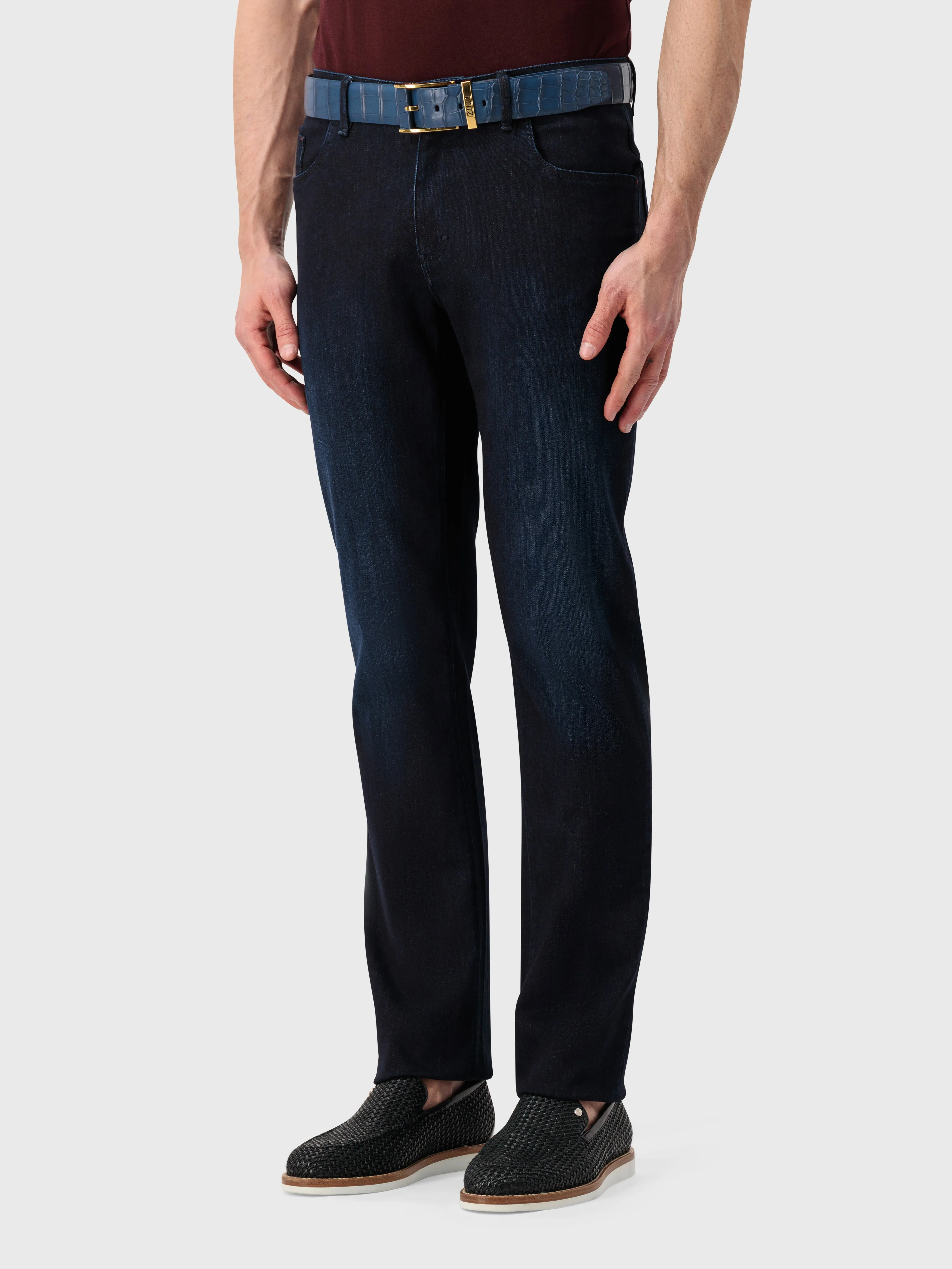 "Lion Embroidery" Tailored Denim Cotton Trousers - Blue Navy