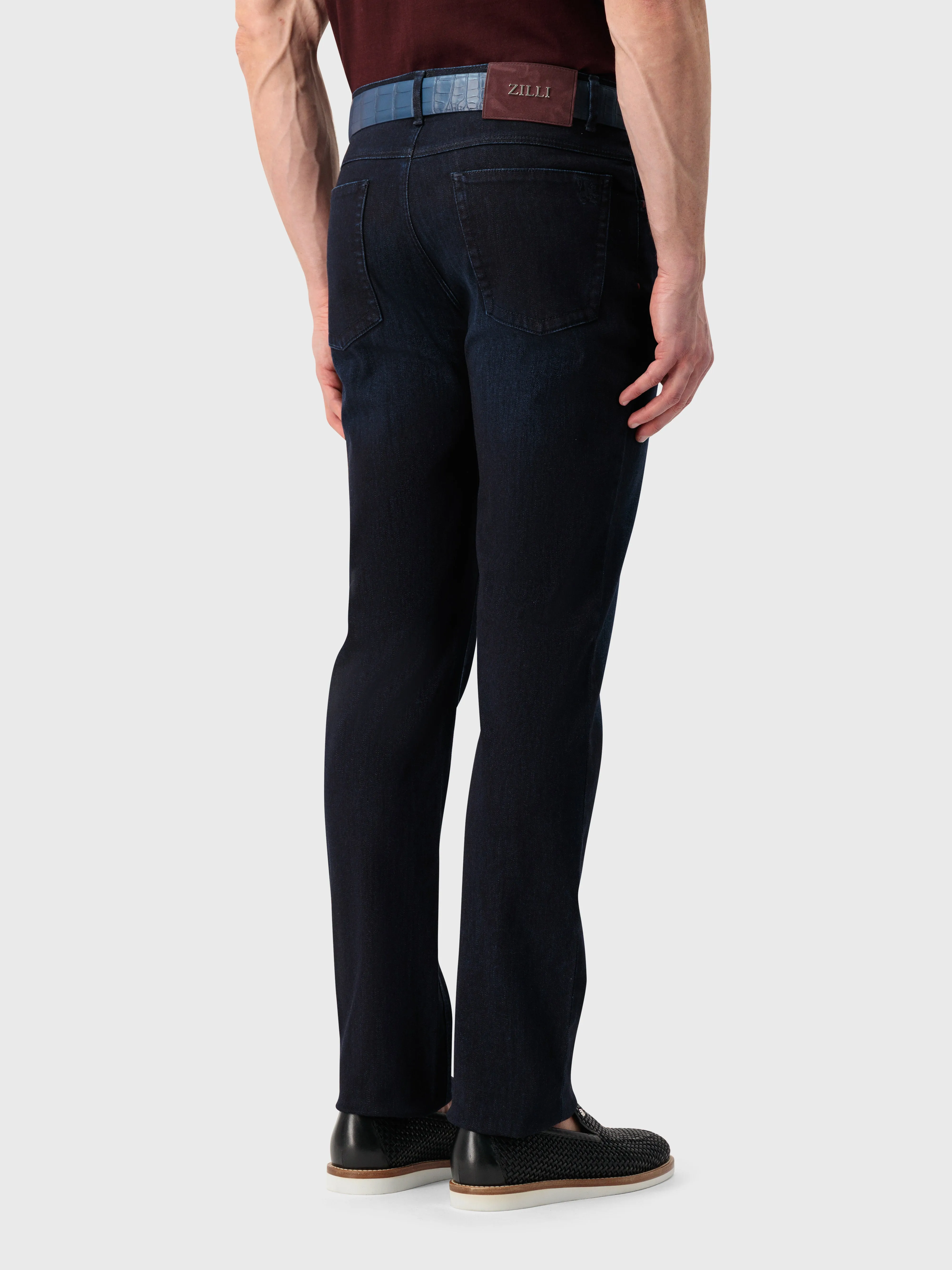 "Lion Embroidery" Tailored Denim Cotton Trousers - Blue Navy