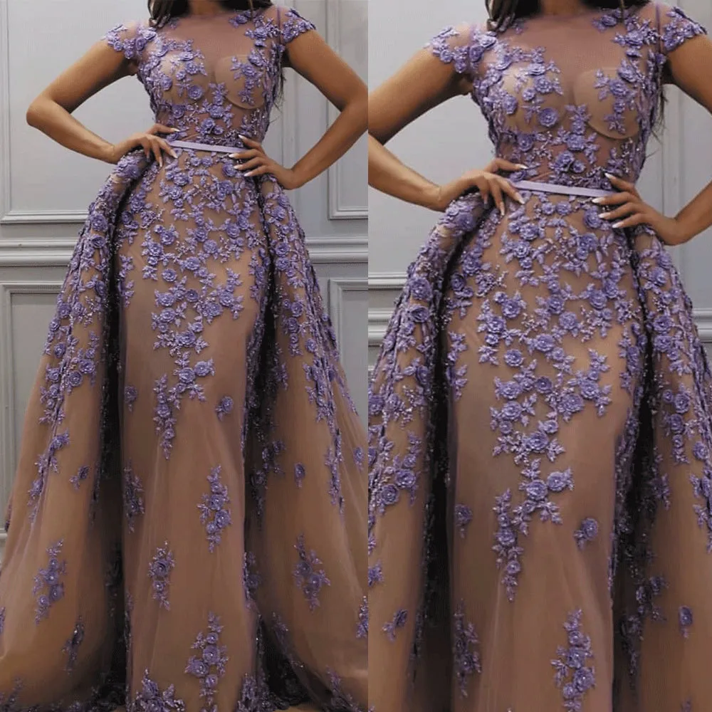 short sleeve evening dresses 2020 lace applique beaded purple detachable skirt elegant evening gown