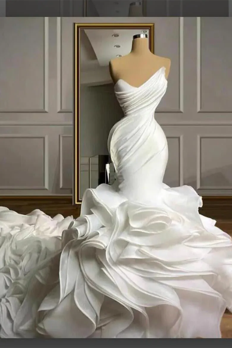 Stunning White Strapless Ruffles Long Train Mermaid Wedding dresses