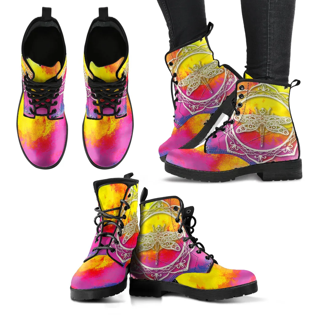 Watercolor Dragonfly Mandala Women's Leather Boots