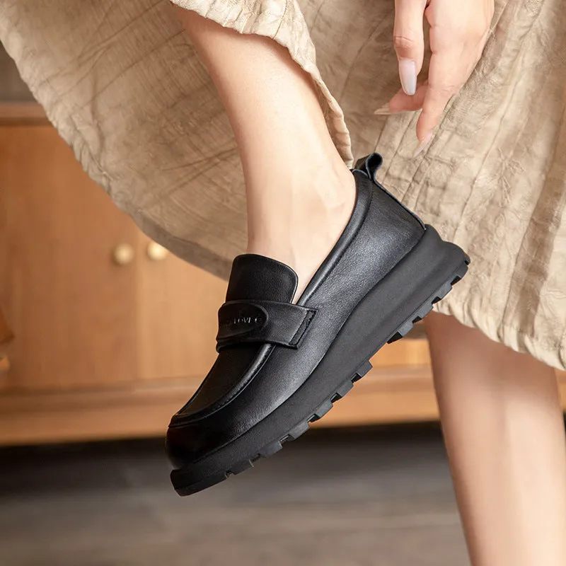 Women Retro Solid Leather Soft Casual Loafers