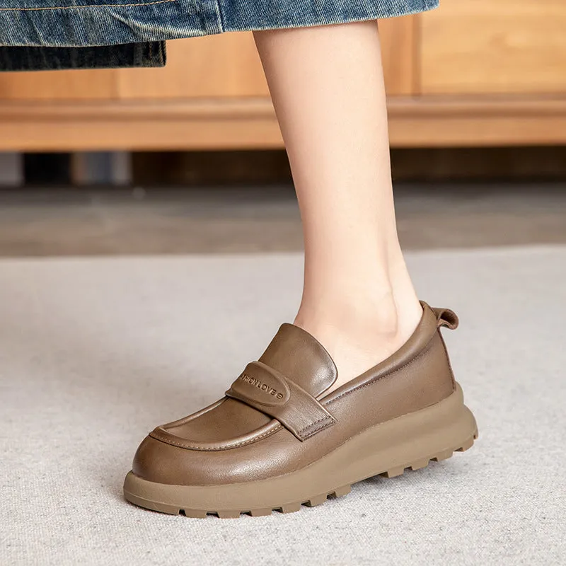 Women Retro Solid Leather Soft Casual Loafers