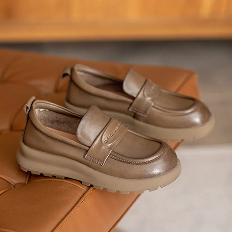 Women Retro Solid Leather Soft Casual Loafers